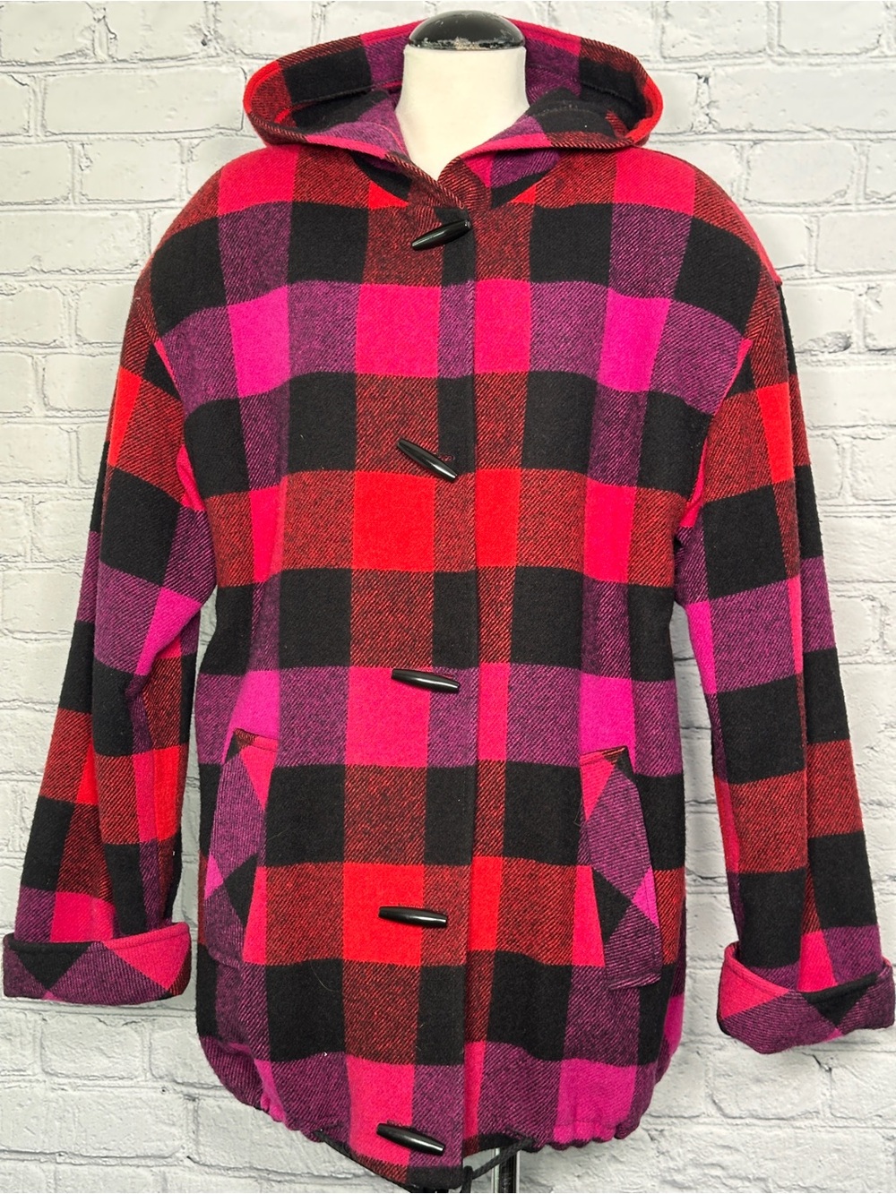 Vintage Hooded Buffalo Plaid Pea Coat - Pink, Red & Black